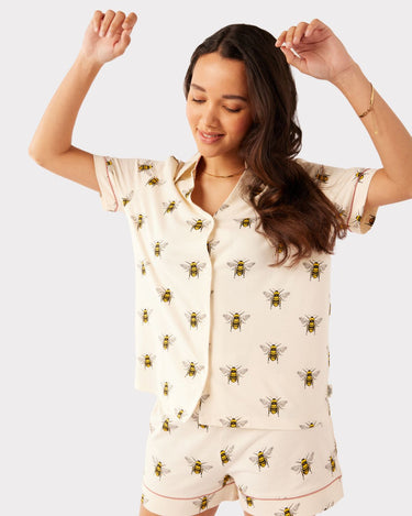 Organic Cotton Cream Bee Print Button Up Short Pyjama Set